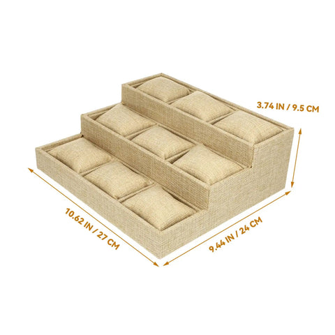 Multi Grid Watch Organizer Tray With Linen Padded Sections, khaki storage for rings and bracelets, 10.62x9.44x3.74 inches