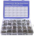 Compression springs assortment kit in a clear plastic box with 24 compartments holding 420 stainless steel springs