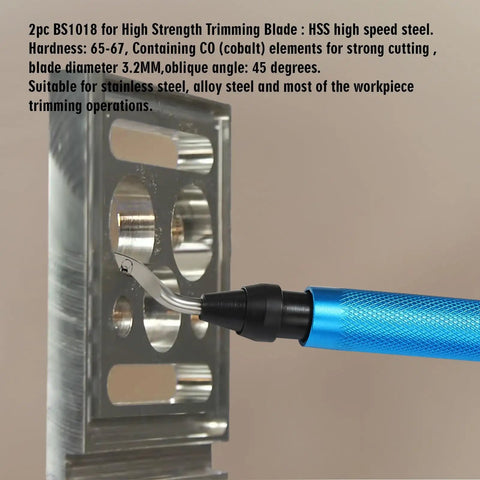 Close-up of 7 Piece Burr Busting Deburring Tool Set With High Grade Swivel Blades And Metal Handle For Deburring Metal Resin PVC Pipes Copper Plastic And 3D Printed Parts Including Hole Internal Chamfer Tool trimming metal block