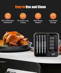Four Probe WiFi Wireless Meat Thermometer With 360 Degree Readable LCD next to a roasted chicken on grill, showing ease of use.