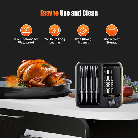Four Probe WiFi Wireless Meat Thermometer With 360 Degree Readable LCD next to a roasted chicken on grill, showing ease of use.