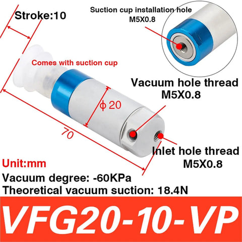 Rock Solid Pneumatic Arm Gripper Cylinder With Vacuum Generator And Suction Cup, 20-20-10 Series, VFGD30-20-VP Compatible