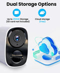 2K Ultra HD Outdoor Wireless Security Camera with AI motion spotlight shown with dual storage options illustration