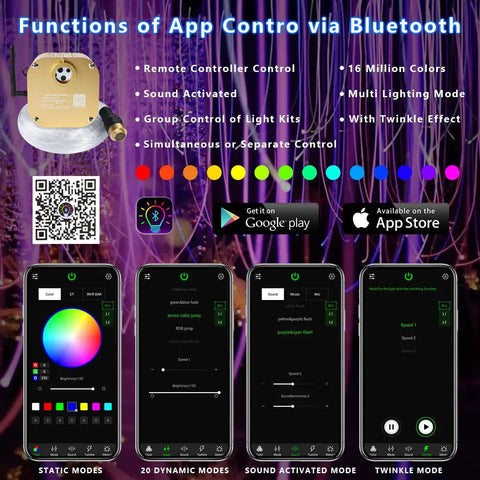Fiber Optic Sensory Light Engine With Twinkle RGBW And Music Activation, Bluetooth App Control features and app interface