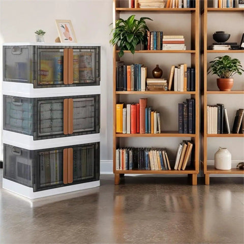 No Sweat Organizing With These Heavy Duty Plastic Storage Boxes With Lids, Built Tough 19 Gallon Collapsible Folding Bins For Closets And Garages Stackable Home Organization Crates 3 Pack in a living room.