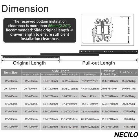 Dimension chart for Undermount Heavy Duty Drawer Slides 20 Inch Full Extension 260 Lb Ball Bearing, concealed bottom mount runner