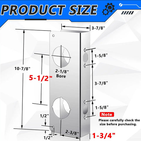 Four Pack Door Reinforcement Plates for One and Three Quarters Inch Thick Doors Stainless Steel Jamb Plate dimensions diagram