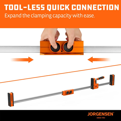 Hands using Parallel Clamp Extender For Cabinet Master Clamps, Beefy Aluminum Connector, 2200 Lb Capacity, Quick Tool Free Lock