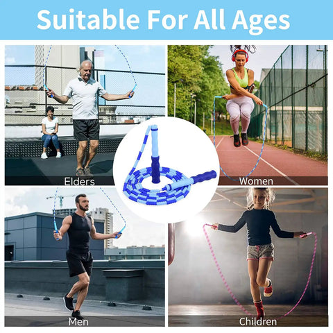 Adjustable Beaded Jump Rope For Fitness, Tangle Free Segmented Rope shown used by elders, women, men, and children