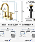 Diagram of 4 Inch Brushed Gold Bathroom Sink Faucet With Pop Up Drain And 2 Supply Hoses Lead Free Stainless Steel 2 Handle Centerset