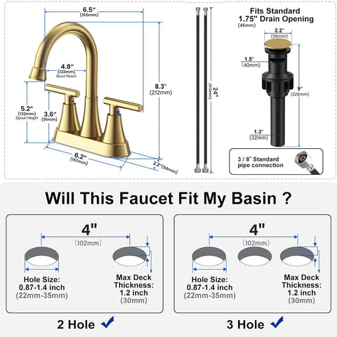 Diagram of 4 Inch Brushed Gold Bathroom Sink Faucet With Pop Up Drain And 2 Supply Hoses Lead Free Stainless Steel 2 Handle Centerset