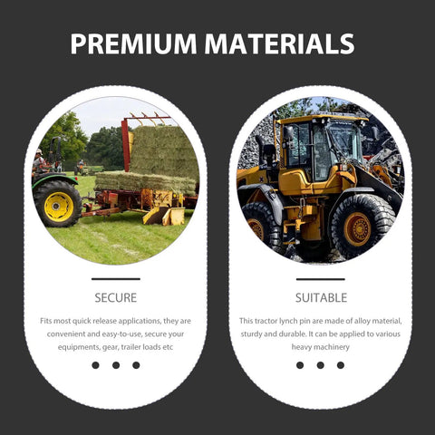 Tractor with hay baler and loader featuring Beefed Up Lynch Pin Set 10 Piece Zinc Plated Ring Locking Pins for Farm Tractors