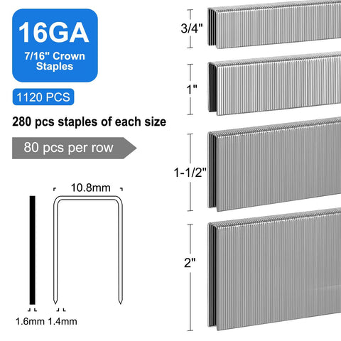 Assorted 16 Gauge 7/16 Crown Staples For Woodworking Galvanized Steel 3/4 Inch, 1 Inch, 1-1/2 Inch, 2 Inch 1120 Count Project Pack