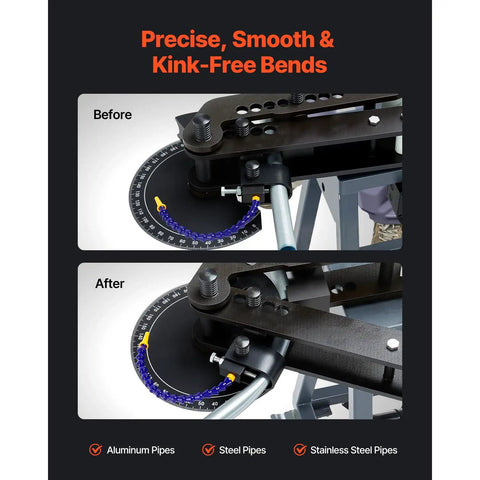Commercial Grade Portable Electric Pipe Bender Powered By A Snappy 750W Motor And Three Heavy Duty Dies showing before and after bends.
