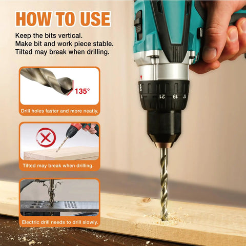 Instruction guide on using Ten-Piece Three-Eighths Inch Cobalt Drill Bit Set with M35 High Speed Steel on wood
