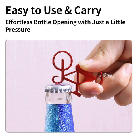 Person using Six Pack Bicycle Bottle Opener Keychain Kit With Chain Key Ring Tools For Cyclists And Bikers on a bottle cap.