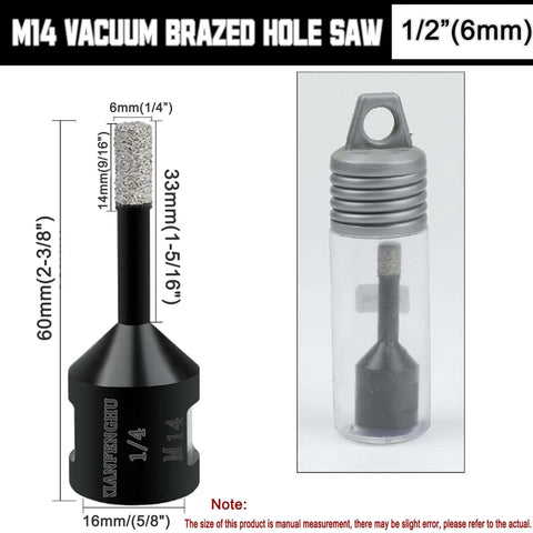 XIANFENGHU M14 vacuum-brazed diamond core hole saw bit for porcelain tile; 1/4in (6mm) shank, packaged in a clear tube.