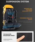 65L Internal Frame Hiking Backpack With Rain Cover For Camping, side view showing shoulder straps and breathable mesh back