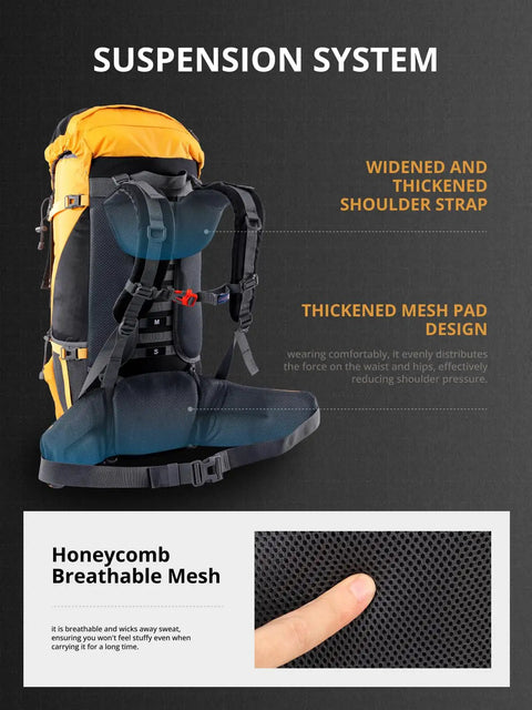 65L Internal Frame Hiking Backpack With Rain Cover For Camping, side view showing shoulder straps and breathable mesh back