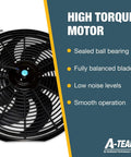 Heavy Duty 16 Inch Radiator Electric Cooling Fan Featuring Slick Reversible Push Pull Setup For Cars And Trucks To Deliver Killer 3000 CFM Airflow Alongside Easy Plug And Play Thermostat And Solid Bracket Kit close-up of high torque motor and sealed ball bearing design.