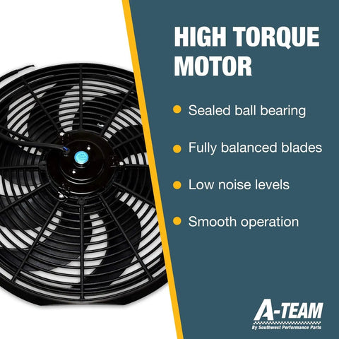 Heavy Duty 16 Inch Radiator Electric Cooling Fan Featuring Slick Reversible Push Pull Setup For Cars And Trucks To Deliver Killer 3000 CFM Airflow Alongside Easy Plug And Play Thermostat And Solid Bracket Kit close-up of high torque motor and sealed ball bearing design.