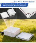 White Outdoor Junction Box IP65 Waterproof Electrical Enclosure Built Tough From Durable ABS For All Weather Rain Dust Protection 3.9 x 3.9 x 2.8 Inch Project Box Pack Of 100 showing open box, gasket, and rain test