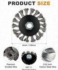 Professional Grade 9 Piece 4 Inch Wire Wheel Set For 4.5 Inch Angle Grinder Hardened Carbon Steel Brush With 5/8 Thread Arbor showing size and features.