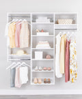 Top Tier Corner Closet Organizer Kit Featuring Dual Hanging Rods And Hella Spacious Shelf Towers For Maximizing White Storage Space Easy Install with organized clothing and accessories.