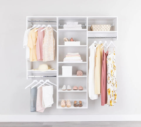 Top Tier Corner Closet Organizer Kit Featuring Dual Hanging Rods And Hella Spacious Shelf Towers For Maximizing White Storage Space Easy Install with organized clothing and accessories.