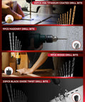 Image of a 400 Piece Drill Bit Set With Drawer Case For Metal Wood And Masonry Pro Grade Drill And Screwdriver Bit Kit, showing different drill bits in use.
