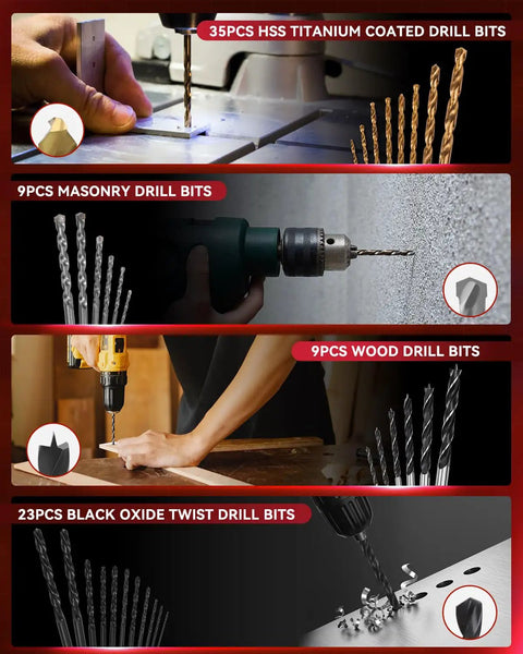 Image of a 400 Piece Drill Bit Set With Drawer Case For Metal Wood And Masonry Pro Grade Drill And Screwdriver Bit Kit, showing different drill bits in use.