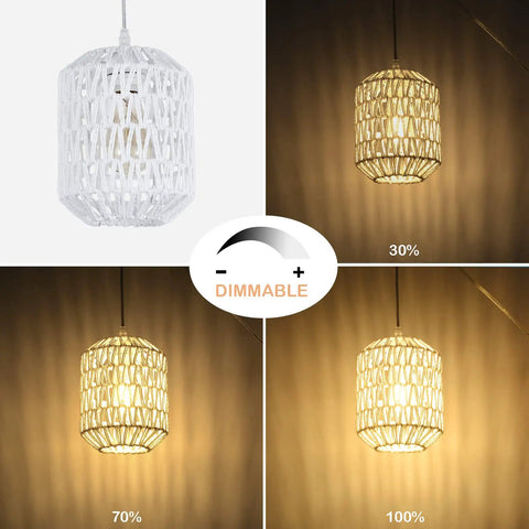 Plug In Pendant Light With LED Bulb Included, Rattan Wicker Boho Chandelier showing dimmable settings from 30% to 100%.