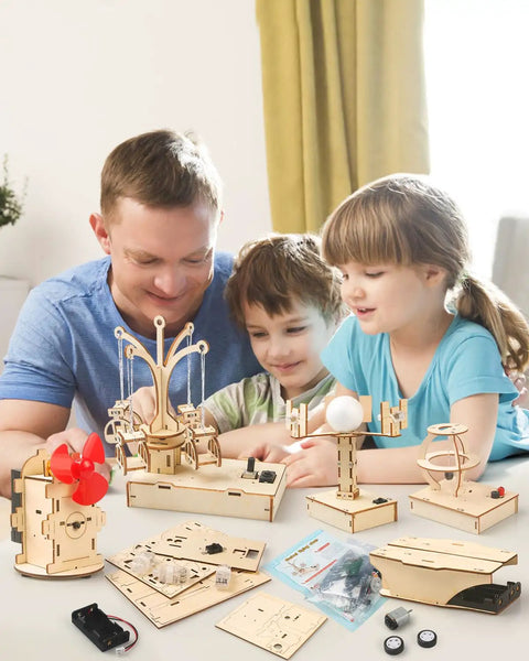 Family assembling Hands On STEM Kit For Kids Ages Eight To Thirteen Five Wooden 3D Puzzles And Educational Science Kit