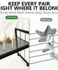 Expandable 2 Tier Metal Shoe Rack Stackable Closet Organizer Adjustable Entryway Storage Space Saver for Home Dorm Small Rooms showcasing white heels on sturdy metal mesh.