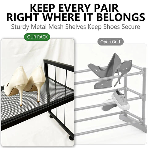 Expandable 2 Tier Metal Shoe Rack Stackable Closet Organizer Adjustable Entryway Storage Space Saver for Home Dorm Small Rooms showcasing white heels on sturdy metal mesh.