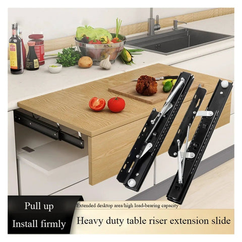 Heavy Duty Side Mounted Ball Bearing Drawer Slides Full Extension Rock Solid Cold Rolled Steel Runners For Hidden Dining Lift Tables Smooth As Butter Glide Cabinet Hardware Pack Of Two 250Mm installed under kitchen countertop with wooden table extension.