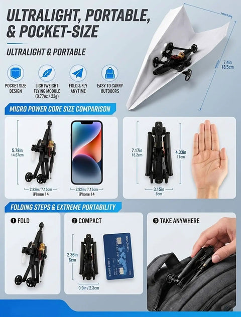 Electric RC Paper Airplane Kit With Gyro Stabilizer alongside size comparisons and portability display