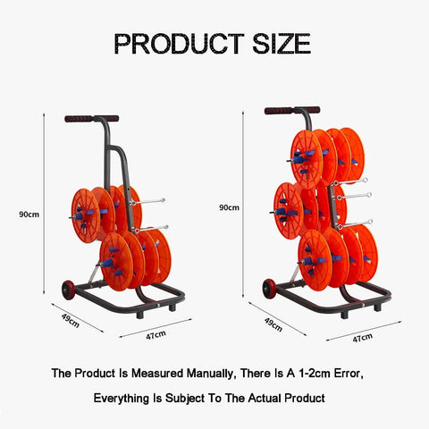 Heavy Duty Wire Spool Rack With Anti Vibration Wheels Keeps 4 To 6 Reels, dimensions 90cm height, 49cm by 47cm base