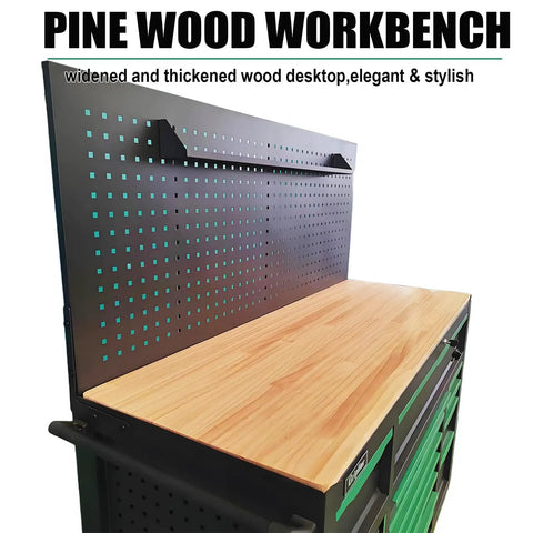 13 Drawer Rolling Tool Cabinet With Wood Workbench And Pegboard Heavy Duty Steel Tool Storage With Lock And Key Includes 348 Piece Pro Grade Tool Set Ideal For Home Garage Or Workshop Organization, showing wood top and pegboard details.