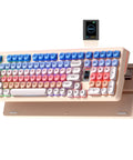 Pink Creamy Ultimate Mechanical Keyboard With Integrated Display Screen Tri Mode Hot Swappable Switches Wireless 98 Layout Gaming Board For True Dope Rigs, top view with colorful keys and integrated display.