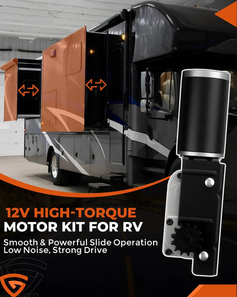 RV Slide Out Motor And Gear Housing Replacement For Accu-Slide Cable System with visible extended slide on a parked RV.