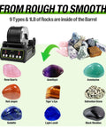 Brushless Rock Tumbler Kit with Massive 2.5Lb Capacity, Ultra Durable Rotary Polisher and 9 types of rocks, shown with polished stones.