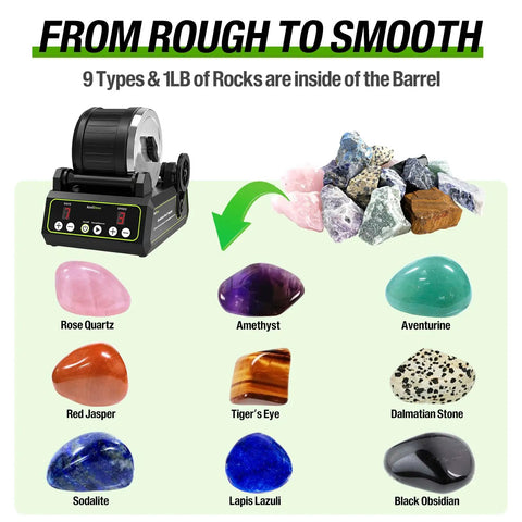 Brushless Rock Tumbler Kit with Massive 2.5Lb Capacity, Ultra Durable Rotary Polisher and 9 types of rocks, shown with polished stones.