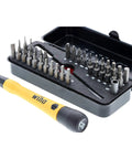 All In One ESD Safe Go Box Micro Bits Set With 39 Pieces Including Slotted Phillips Hex Torx Pentalobe Bits Micro Bit Handle And 100mm Extension Built For Fast Electronics Repairs And Precision Work. Open black box showing bits and handle.