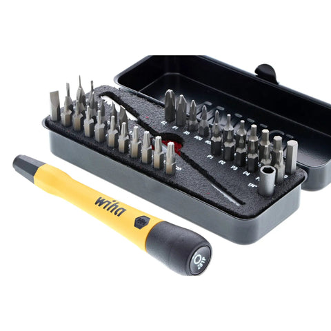 All In One ESD Safe Go Box Micro Bits Set With 39 Pieces Including Slotted Phillips Hex Torx Pentalobe Bits Micro Bit Handle And 100mm Extension Built For Fast Electronics Repairs And Precision Work. Open black box showing bits and handle.
