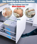 Foot Pull for Trash Cabinet Drawer With Touchless Hands Free Design in use, showing foot opening a full-overlay cabinet with bins inside.