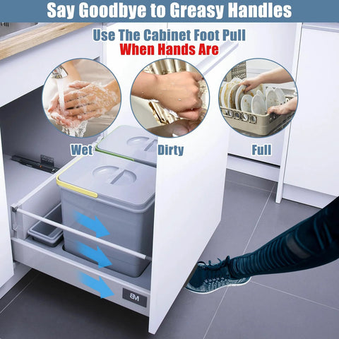 Foot Pull for Trash Cabinet Drawer With Touchless Hands Free Design in use, showing foot opening a full-overlay cabinet with bins inside.