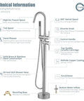 Freestanding Bathtub Faucet With 360 Degree Swivel Spout And Handheld Shower, Tub Filler Set In Brushed Nickel, technical details displayed