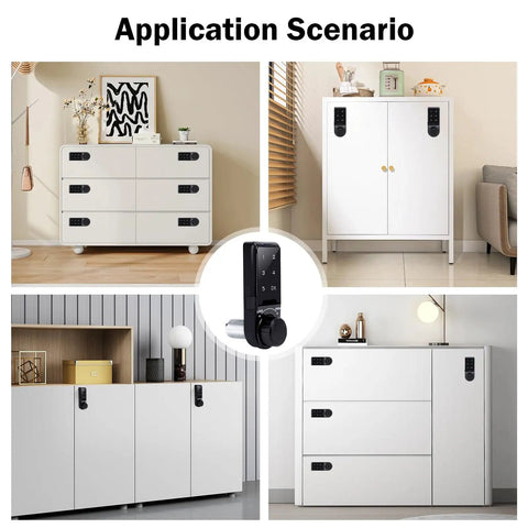 Heavy Duty Electronic Cabinet Deadbolt Lock Featuring Touch Password Keyless Entry on various white furniture for secure storage.