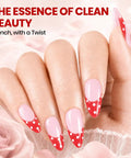 Hand with pink nails, red polka dot tips using Dusky Rose Gel Nail Polish Set With Pink And Red Shades, HEMA Free Base Coat And Top Coat